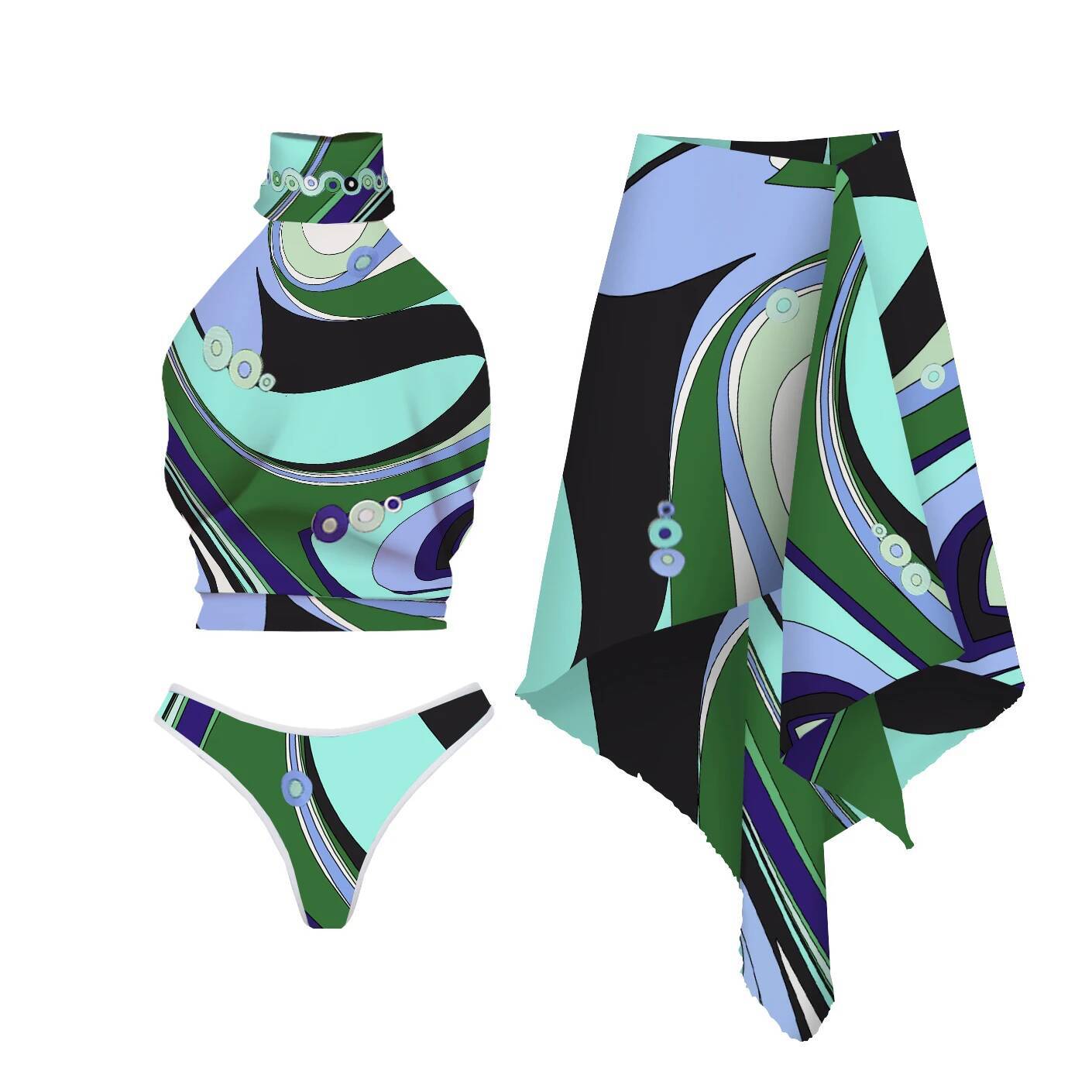 3Pcs Halter Bikini Sexy Women Swimsuit Bandeau Biquini Push Up Swimwear Female Printed Bathing Suits Beach Outfits Midi Skirt