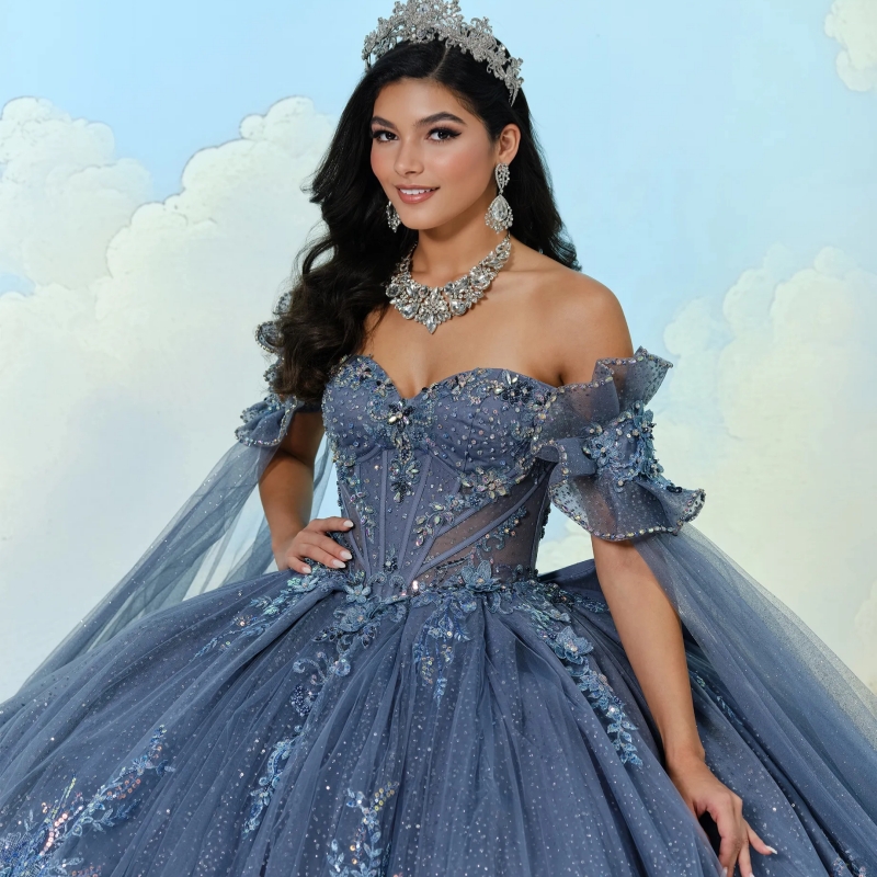 Navy Blue Shiny Quinceanera Dresses Ball Gown Off The Shoulder Applique Lace Beads Tull With Cape Sweet 16 Dress Vestidos 15 De Anos