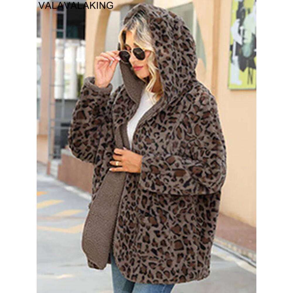 2025 Autumn Winter Long Sleeve Women Jacket Thick Plush Hooded Warm Casual Leopard Soft Loose Cardigan Lady No Buttons Coat