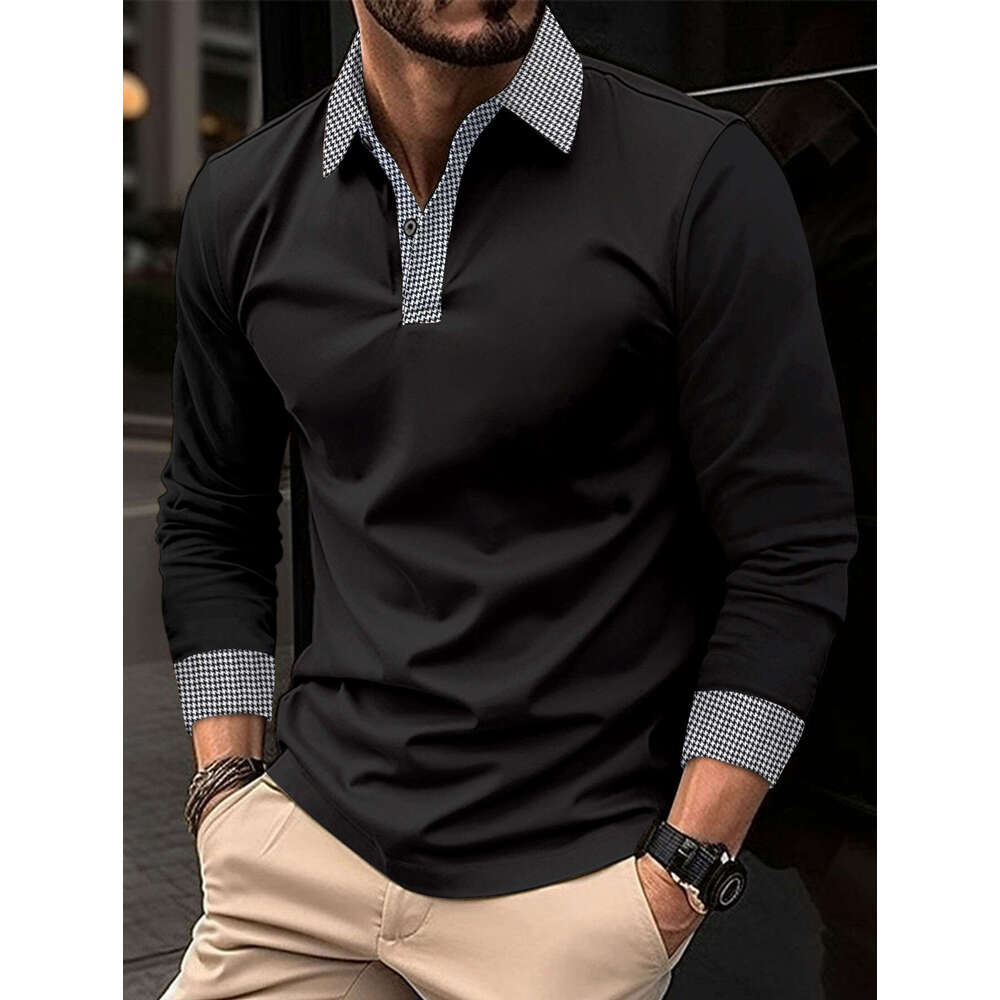 New Men's Long Sleeve Spring And Autumn Color Block Print Casual Polo Shirt B5