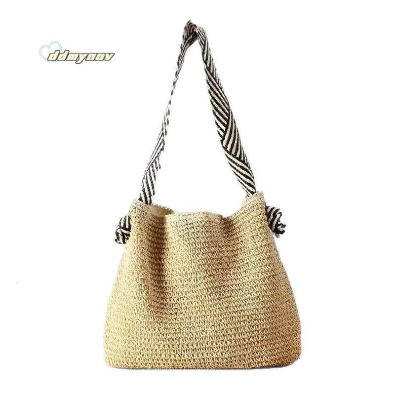 Summer Korean Style Navy Straw Woven Handmade Beach Shoulder Commuter Tote Underarm Bucket Bag ddmynov