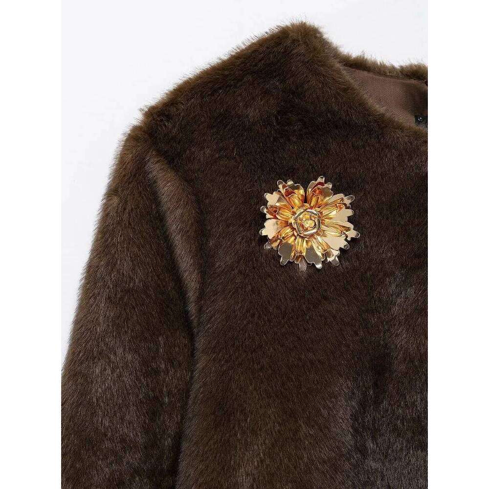 ZBZA Women's Fashion Brooch Jacket Vintage Simple O-Neck Long Sleeve Faux Fur Cardigan Winter New Female Chic Outerwear