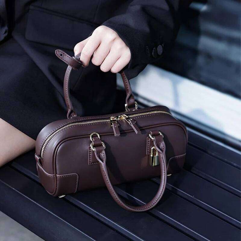 Boston Handbag Women's Genuine Leather Small Square Metal Lock Design Fashion Crossbody For Ladies High-End Bag