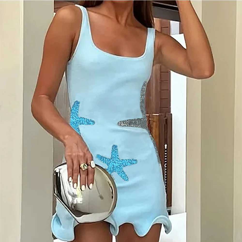 Chic Sparkling Starfish Ruffle Women Y2K Coquette Mini Dresses Elegant Sleeveless Backless Pleated Knit Dress Female Party Robe XJ250610