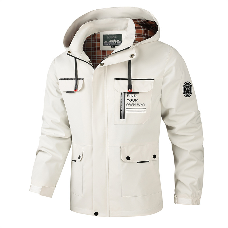 Thin workwear jacket for men in spring and autumn European and American outdoor leisure fashion medium to long hooded jacket