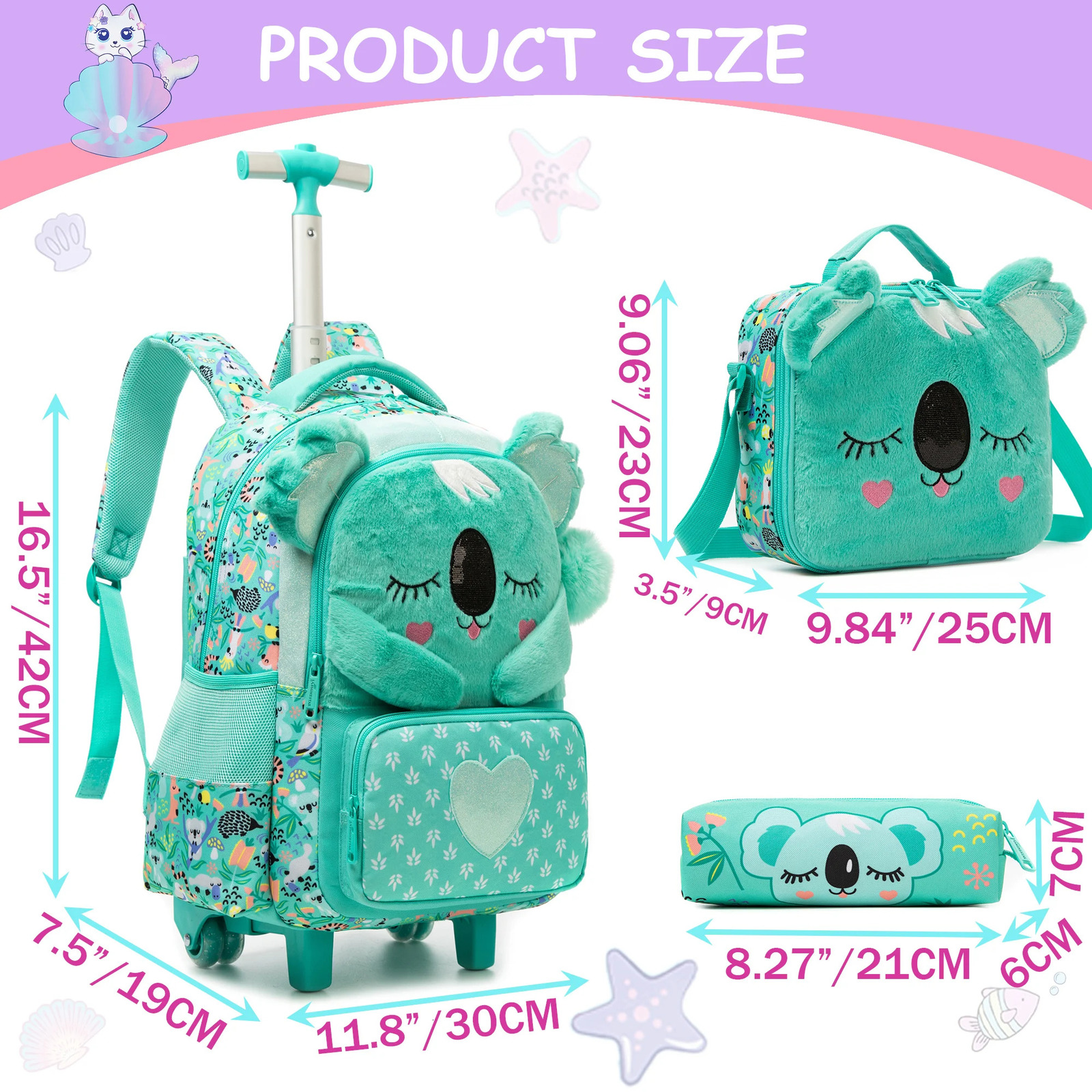 Girls Cute Rolling Backpack with Wheels 3pcs Set Roller Backpacks for Lunch Bag Wheeled Bookbag 250605