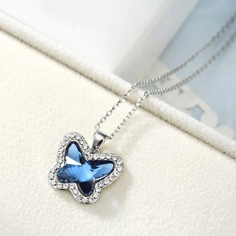 Cute Blue Butterfly Austrian Crystal Pendant Necklace for Girls Fashion Jewellery Women Anniversary Wedding Valentines Day Gift 250609