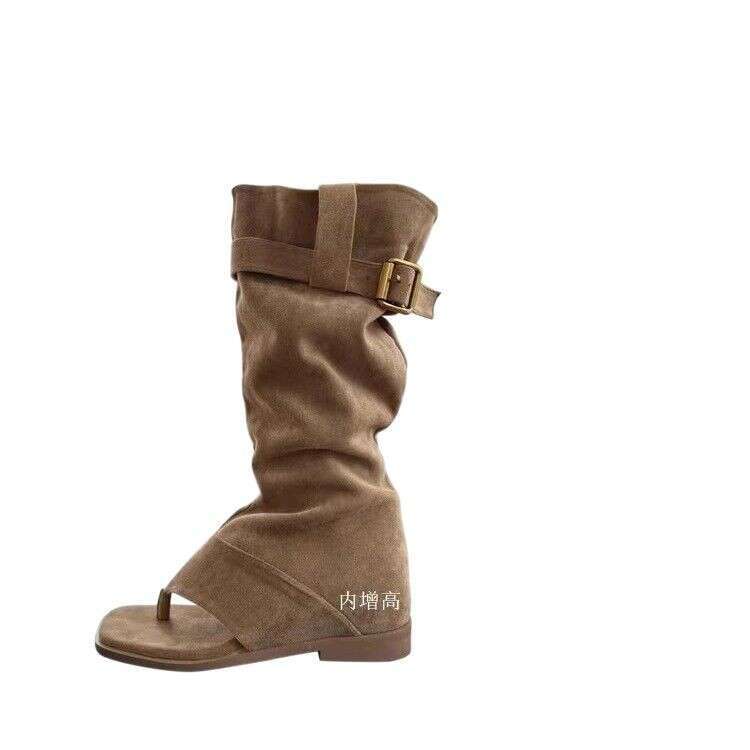 Yanshun~ Instant Hair Square Toe Clip for Women Summer New Style Hot Girl Western Cowboy Flat Stacked Boots Sandals