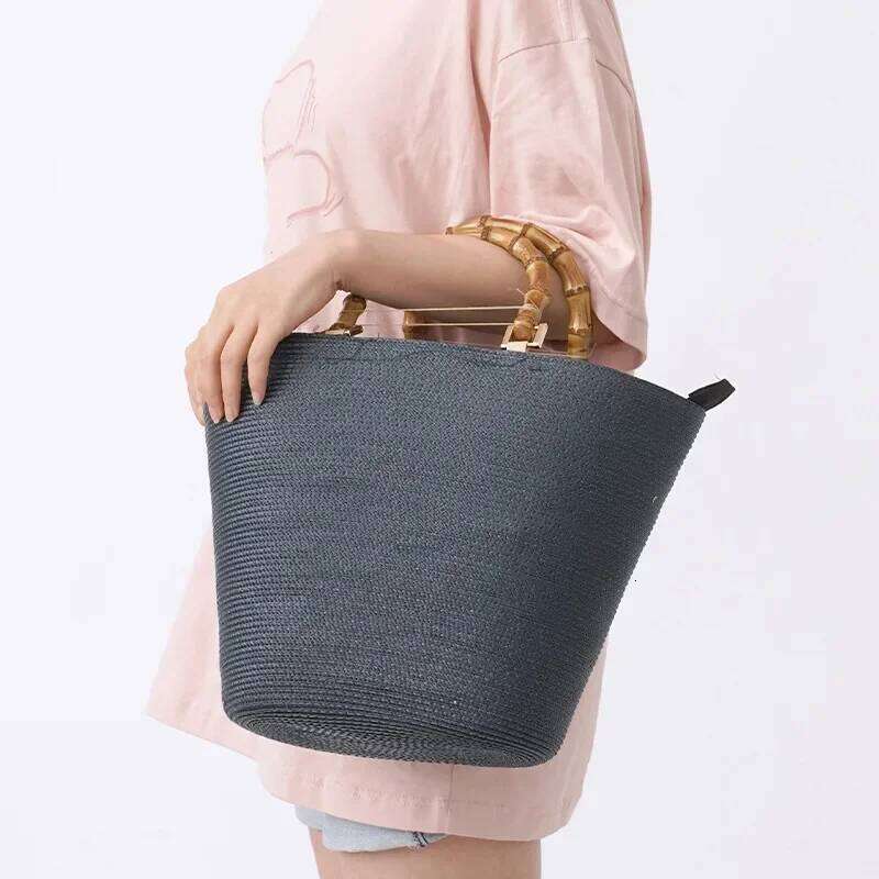 Large Capacity Bamboo Handle Straw Casual Rattan PP Grass Woven Color Matching Striped Tote Summer Beach Shoulder Bag