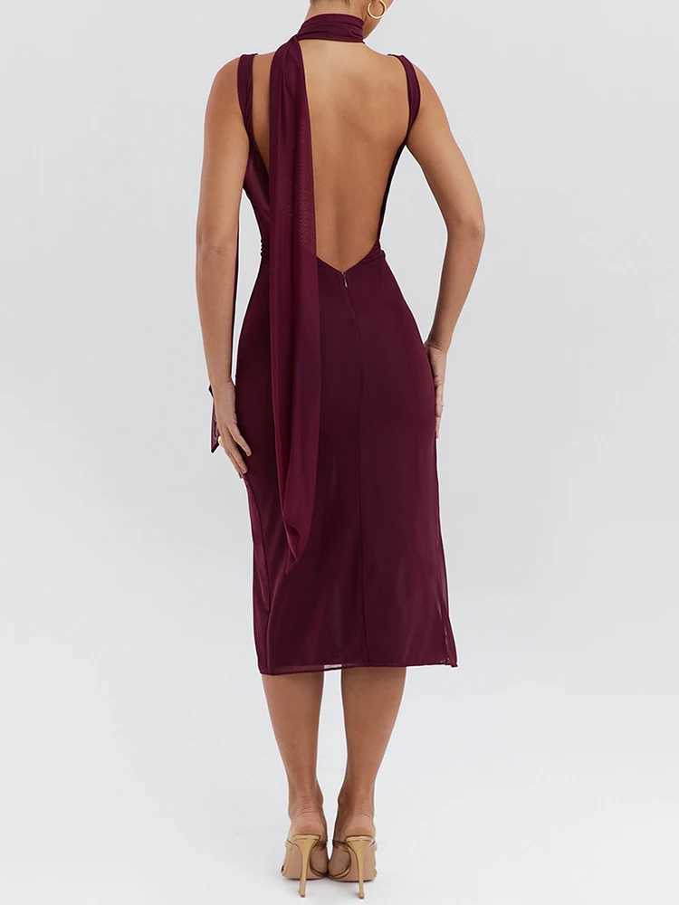 Mozision Elegant Flower High Split Sexy Midi Dress For Women Two Layer Mesh Sleeveless Backless Bodycon Club Dress Party Outfits XJ250610