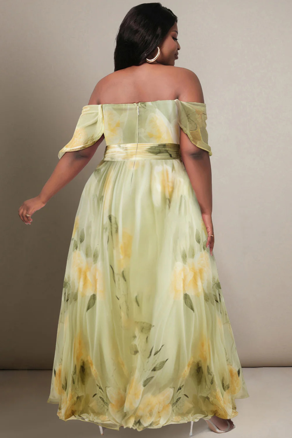 Plus Size Wedding Guest Sage Green Floral Off The Shoulder Short Sleeve Chiffon Maxi Dresses 250610