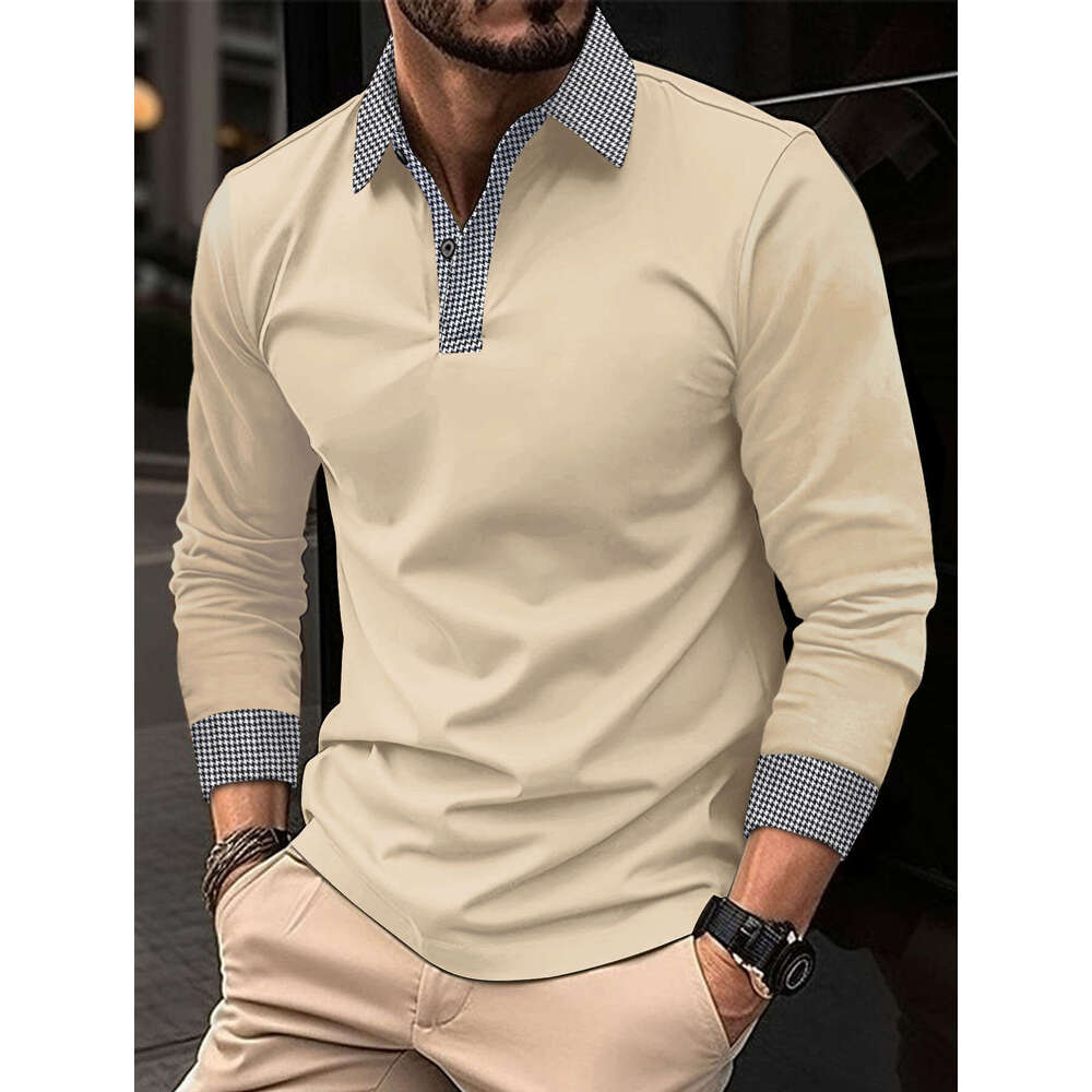 New Men's Long Sleeve Spring And Autumn Color Block Print Casual Polo Shirt B5