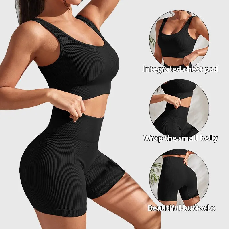 Seamless Ribbed Yoga Sets Workout Sets for Women 2 Pieces Gym Suits Ribbed Crop Tank High Waist Shorts Outfits Fitness Running 250609