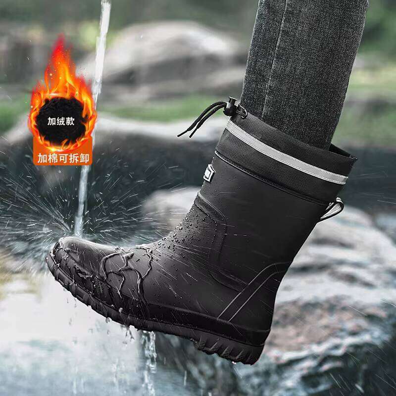 Wholesale Rain PVC Material High-top Waterproof Men Boots With Fleece Lining