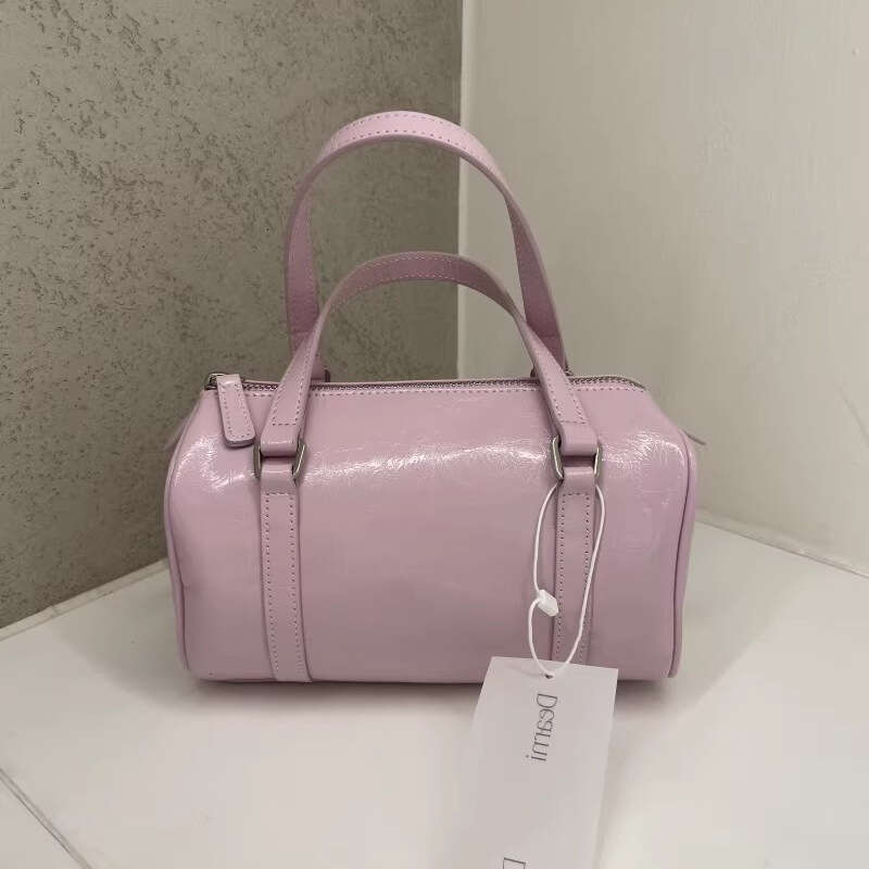 Dearni Oil-Waxed Cowhide Pillow Korean Style Silver Small Boston Handbag Shoulder Bag for Women