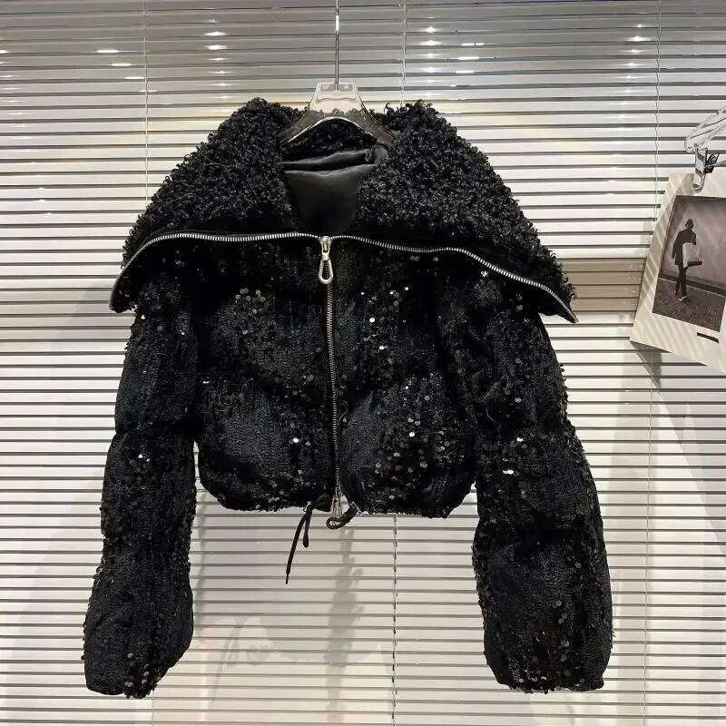 Autumn Winter Women Cotton-padded Coat Fleece Navy Collar Shiny Sequins Veet Short Parkas Casual Loose Female Wadded Jackets
