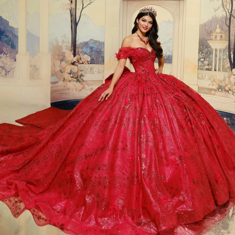 Red Shiny Quinceanera Dresses Ball Gown Off The Shoulder Sequin Applique Lace Beads Bow Tull Sweet 16 Dress Vestidos 15 De Anos