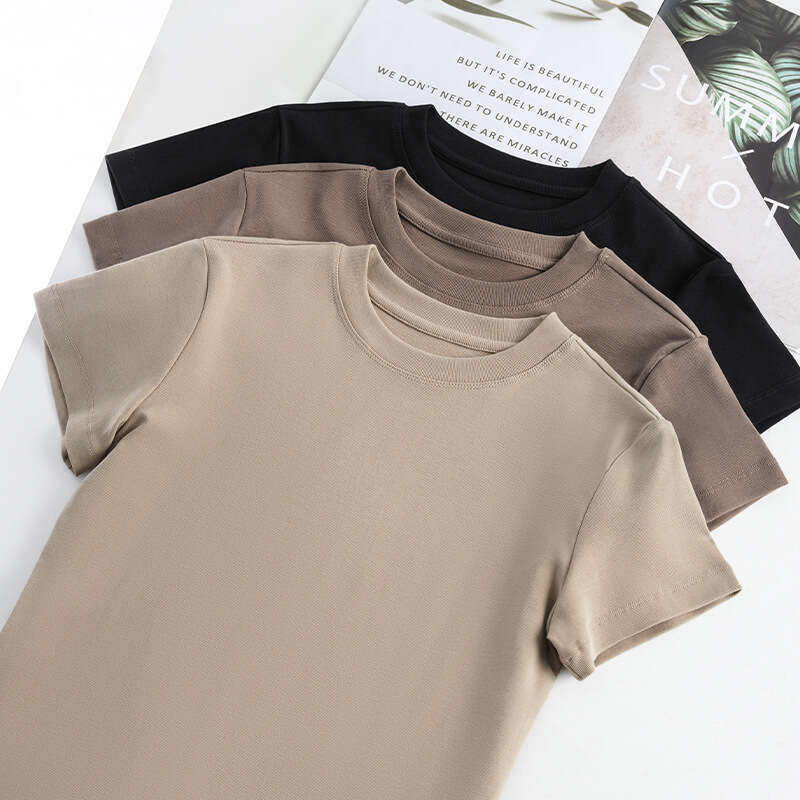 2025 Summer New Style Regular Shoulder Sleeve T-Shirt Fit Waist Hot Girl Casual Slim Round Neck Short Top for Women-pink
