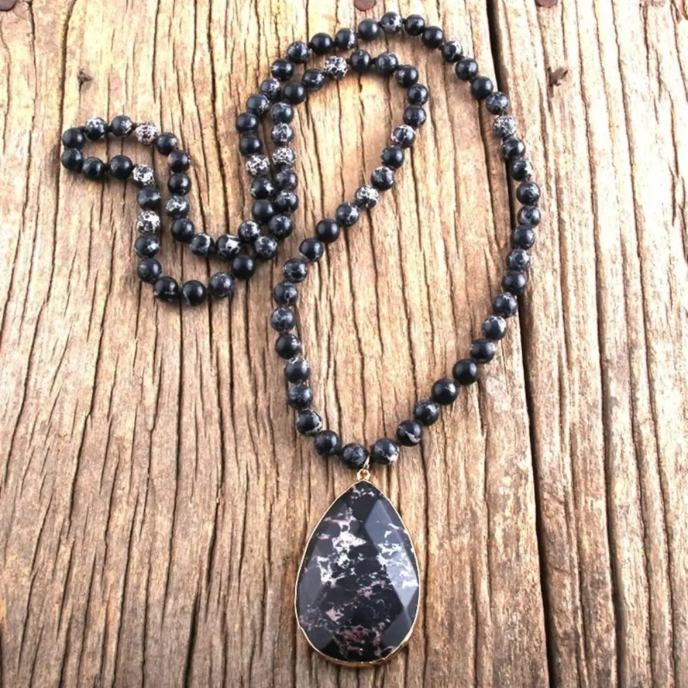 Fashion Lover Gift Lady Bohemian Jewelry Natural Gemstone 8mm Pink Imperial Stone Knotted Faced Drop Pendant Necklaces 250604