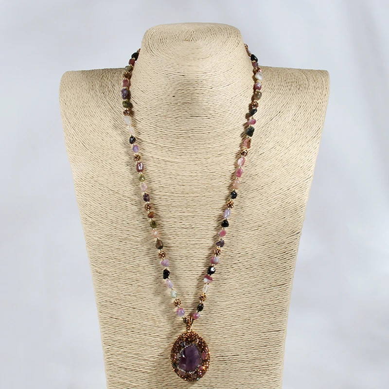 Fashion Bohemian Jewelry Accessory Multicolor Tourmaline stone and Crystal Baroque Pearl Pendant Necklaces For Women 250604