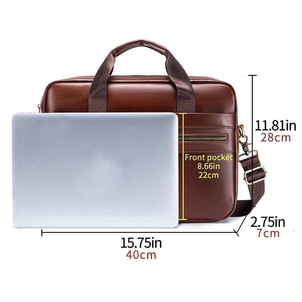 Men's Leather Briefcase, Cowhide Shoulder Crossbody Large Capacity Office Computer Bag, Multifunctional Handbag