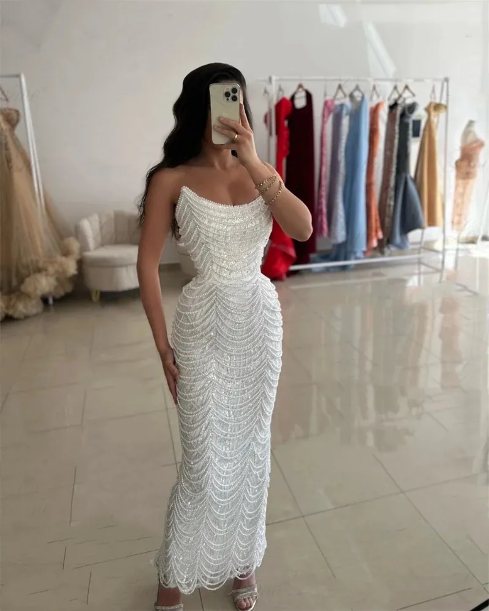 Elegant Pearls Sleeveless Prom Dresses Fashion Sequined Beading Evening Dress Ankle Length Celebrity Party Gown Customized