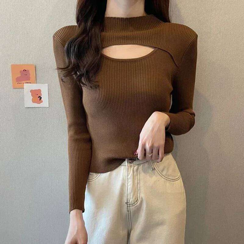 Half Turtle Neck Knit Sweaters Women Y2K Sexy Hollow Out Long Sleeves Slim Pullover Female Simple Solid All-match Jumper Spring