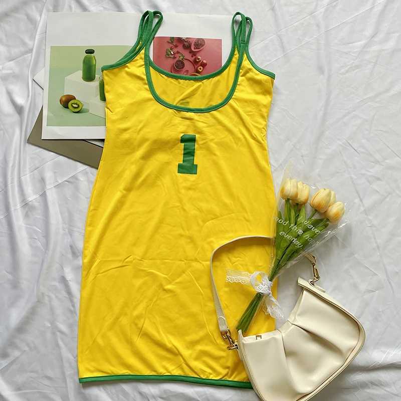 2024 Suspender Dress Women Beach Casual Short Dress Yellow Brasil Printed Long T Shirt Loose U Neck Sexy Summer Sling Mini Robe XJ250610