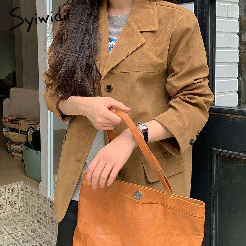 Syiwidii Fashion Women Blazers Casual Solid Lapel Single Breasted Coat 2024 Fall Winter Simple Retro Commuting Lady Outerwear