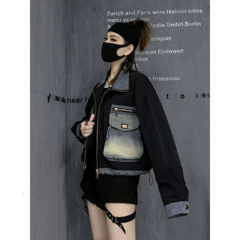 Women's Fashion Pocket Contrast Color Standing Collar Jacket Clip Cotton Thickening European Long Sleeve Denim Splicing Coat