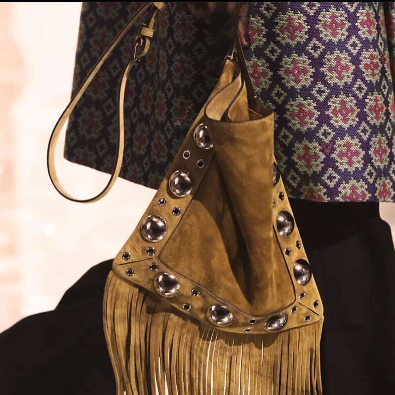 Vintage Faux Suede Messenger Bags For Women Designer Handbag Purses 2024 New In Rivet Trim Tassel Small Underarm Shoulder