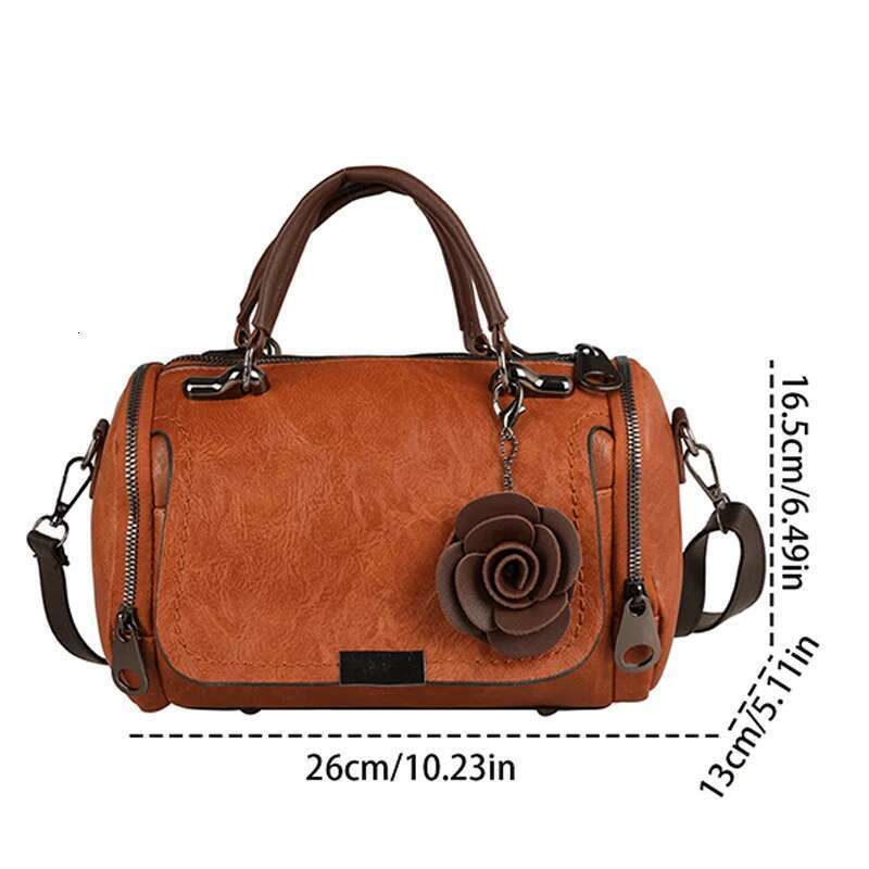 Classic Style Boston Bag For Women, Retro Pu Leather Crossbody Bag, Trendy Handbag With Flower Pendant