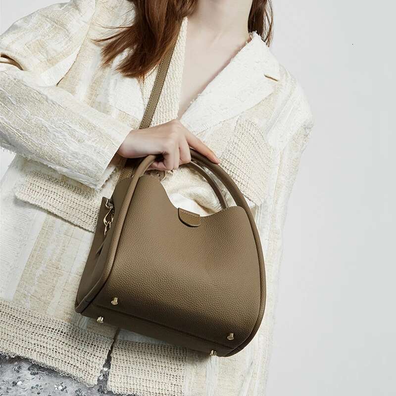 Burminsa Cowhide Genuine Leather Bucket Tote Handbags For Women 2025 Designer Top Handle Ladies Shoulder Crossbody Bags