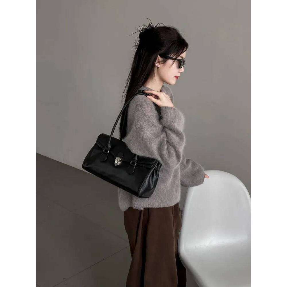 Office Ladies Elegant Work Single Shoulder Hasp Solid Color Genuine Leather Vintage Underarm Bag Casual Women Handbag Totes 2025/06/10