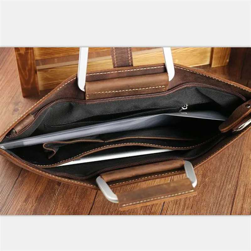 Mens Top Grain Crazy Horse Leather Briefcase British Vintage Slim Horizontal Document Organizer Durable Professional Work Bag W250610
