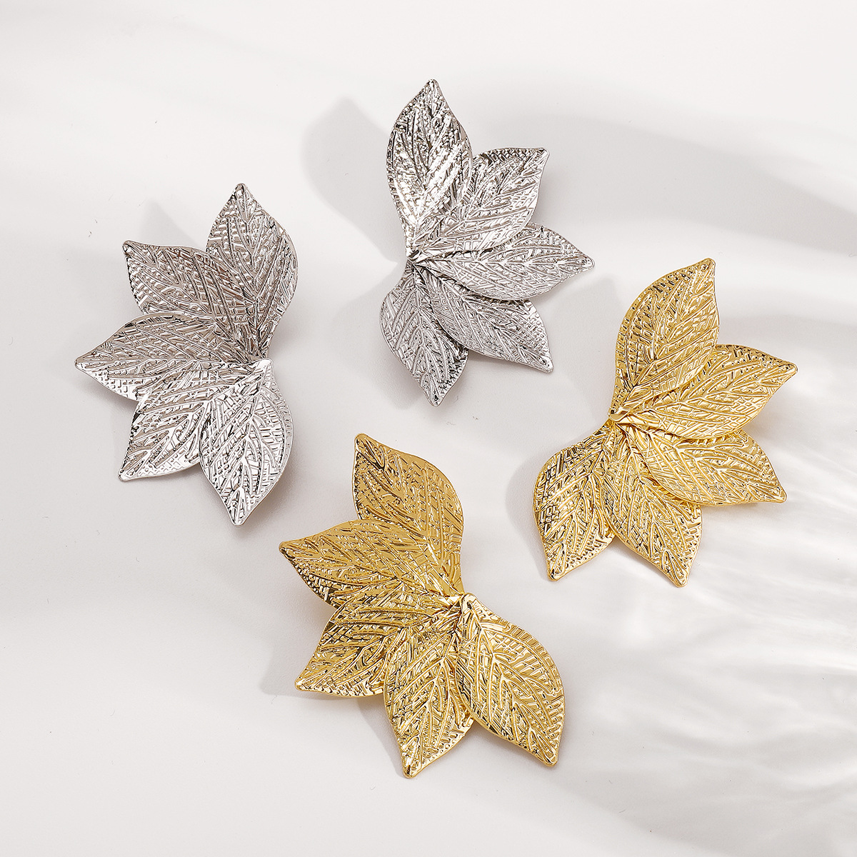 European American Geometric Leaf Textured Earrings Bold Vintage Heavy Metal Style Statement Studs for Women