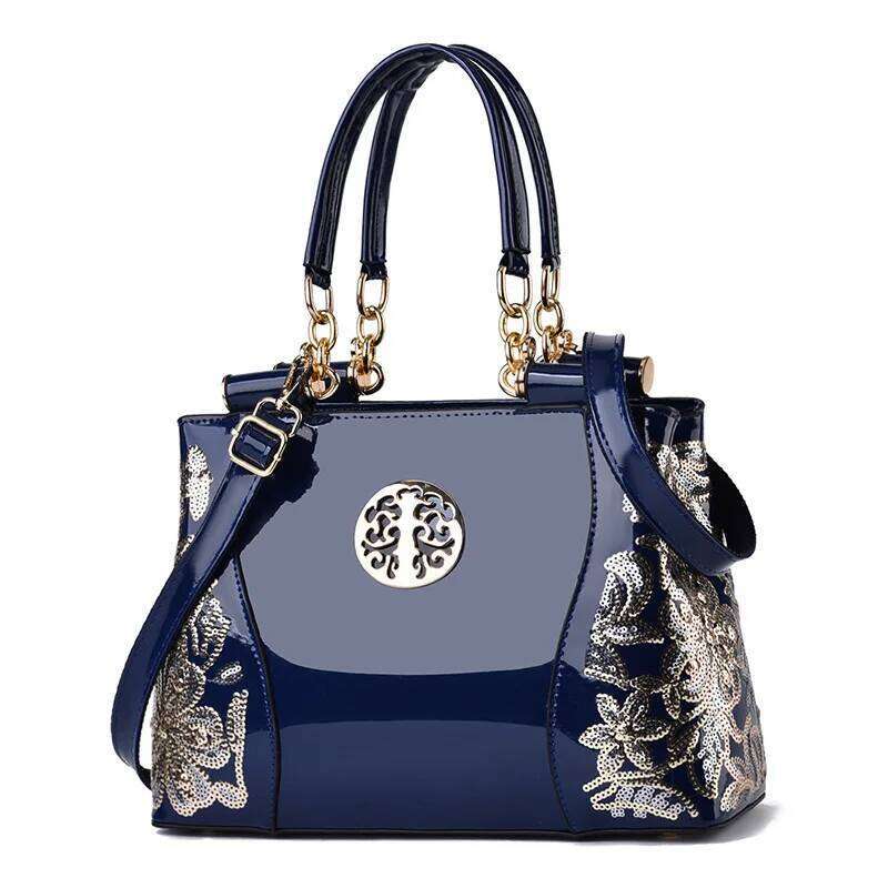 Retro Handbag Large Capacity Bright Leather Double-Sided Embroidered Women's Atmospheric Shoulder Messenger Bag