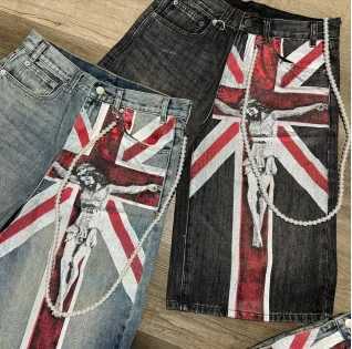 Retro British style zipper printed denim shorts hip-hop fashion mens Y2K summer loose casual couple sports punk Harajuku shorts W250610