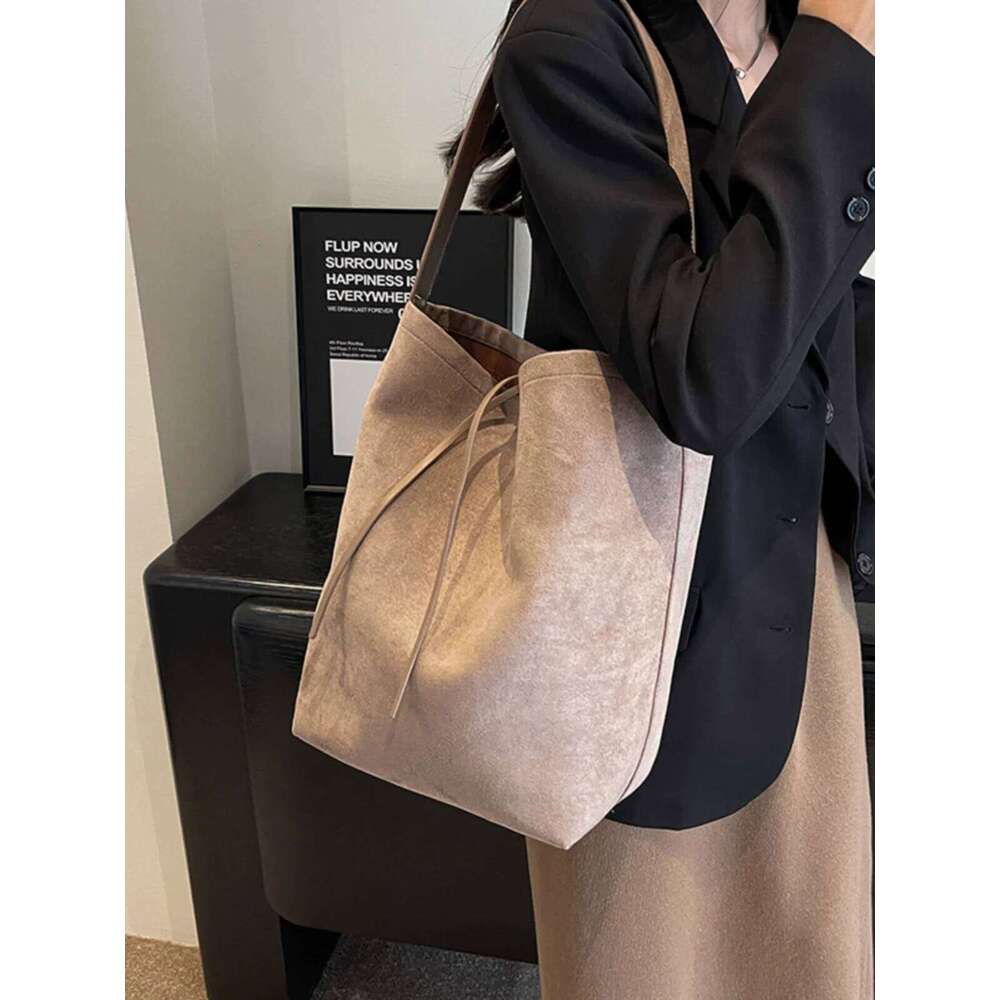 Vintage Brown Black Faux Suede Bucket Design Women's Solid Color Large Capacity Shoulder Purse Totes Bag Composit