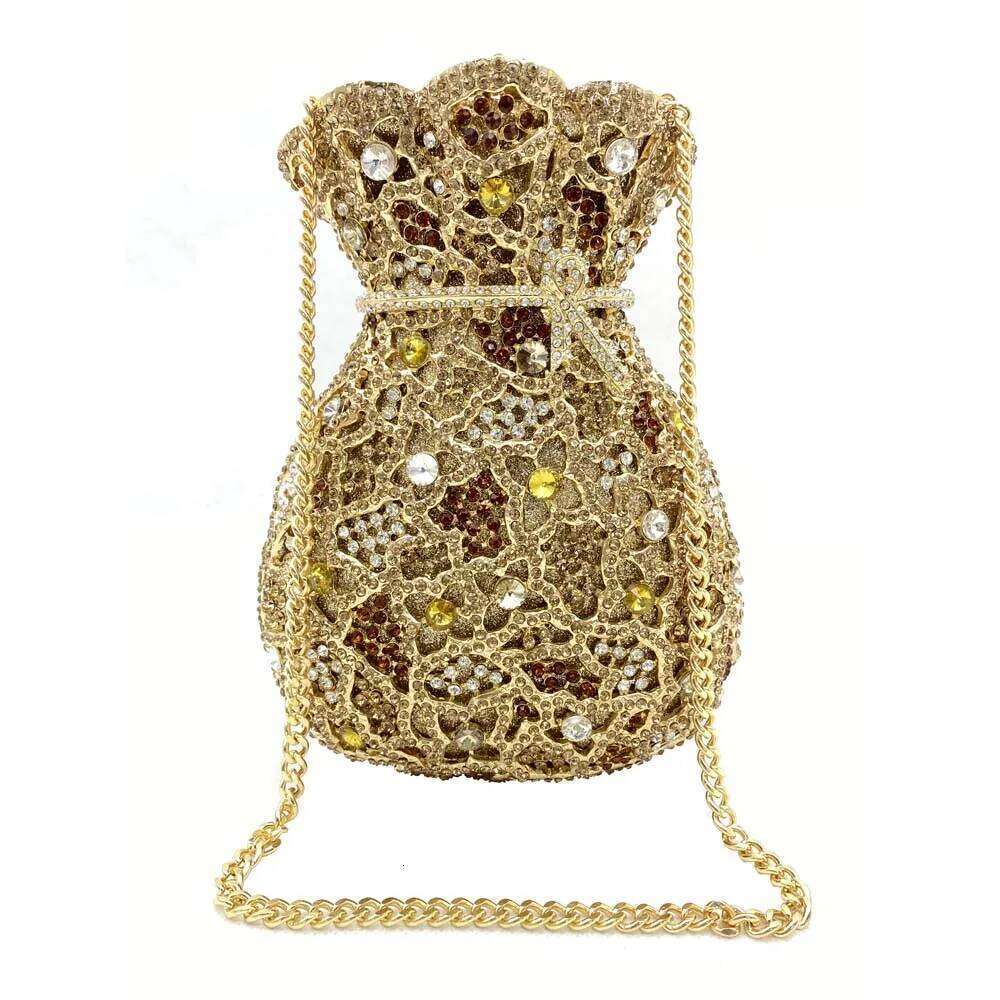 Newest Women Evening Bag Party Pouch Designer Hollow Out Crystal Clutches Gold Rhinestone Purses Money Handbag
