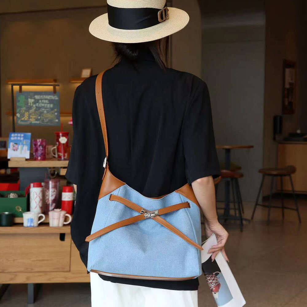 2025 New Niche Color-Block Washed Denim Genuine Leather Large Capacity Tote Versatile Shoulder Fashion Women's Bag