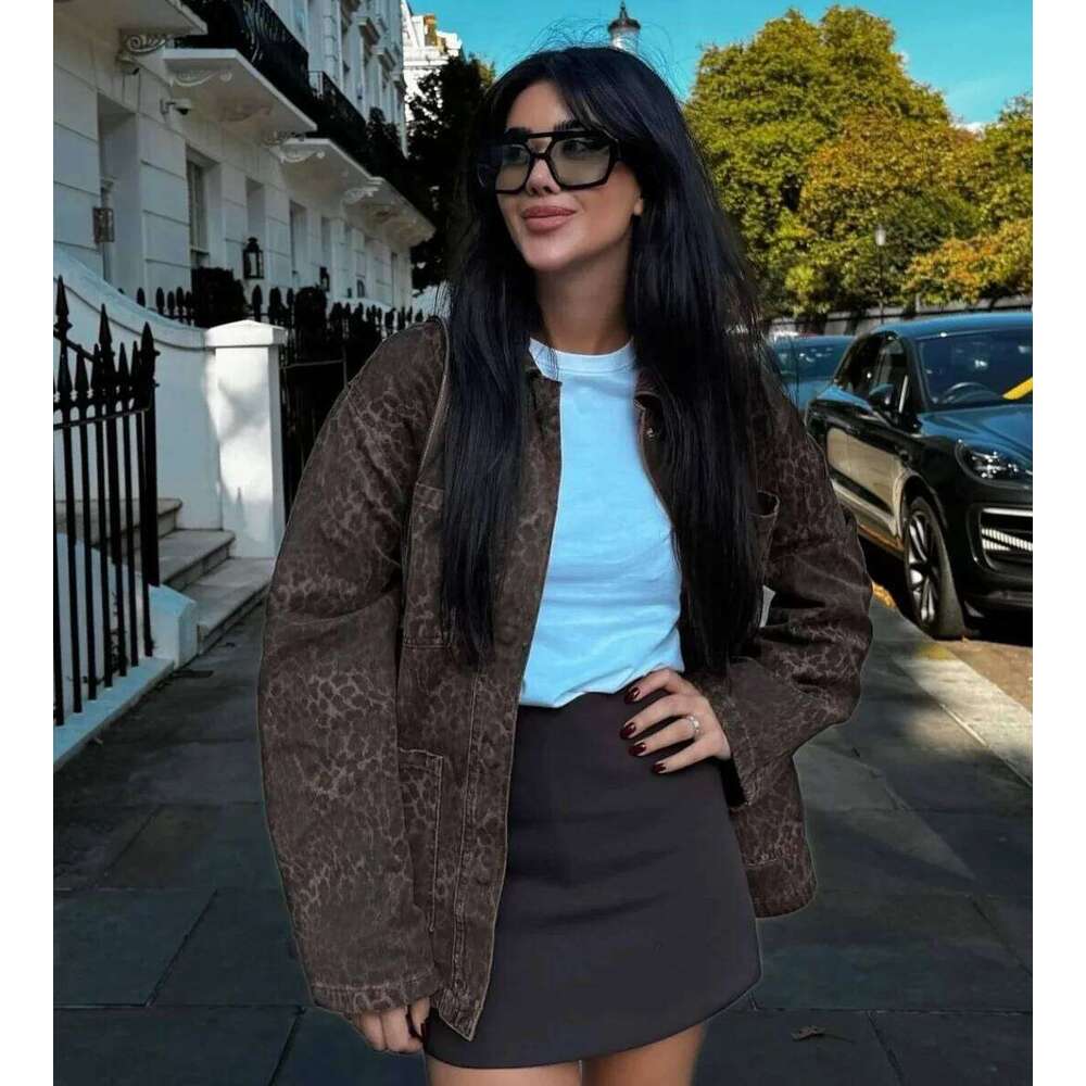 TRAFZA Women Fall Winter PU Leopard With Lace-up Lapel Pocket Button Lined New 2024 Fashion Vintage Leather Jacket