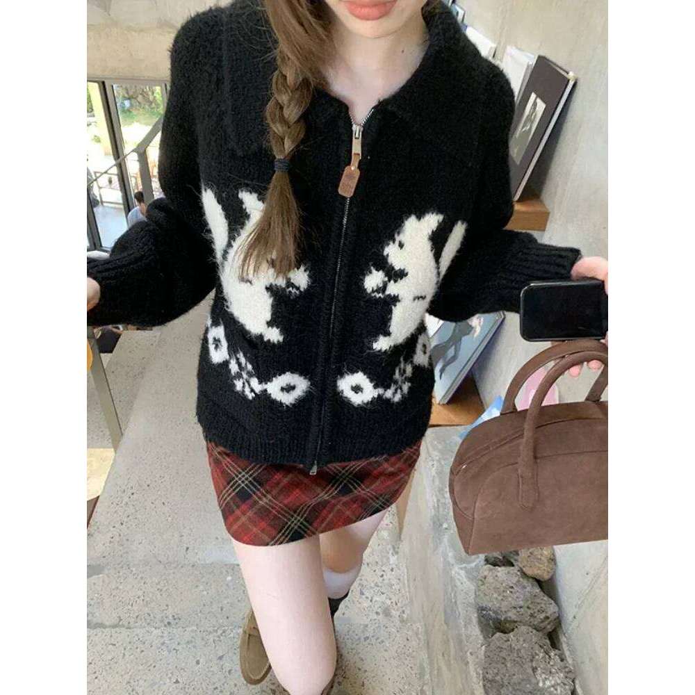 ADAgirl Kawaii Squirrel Graphic Women Cardigan Oversized Sweater Zipper Long Sleeve Knitwear Cutecore Christmas Winter Clothes