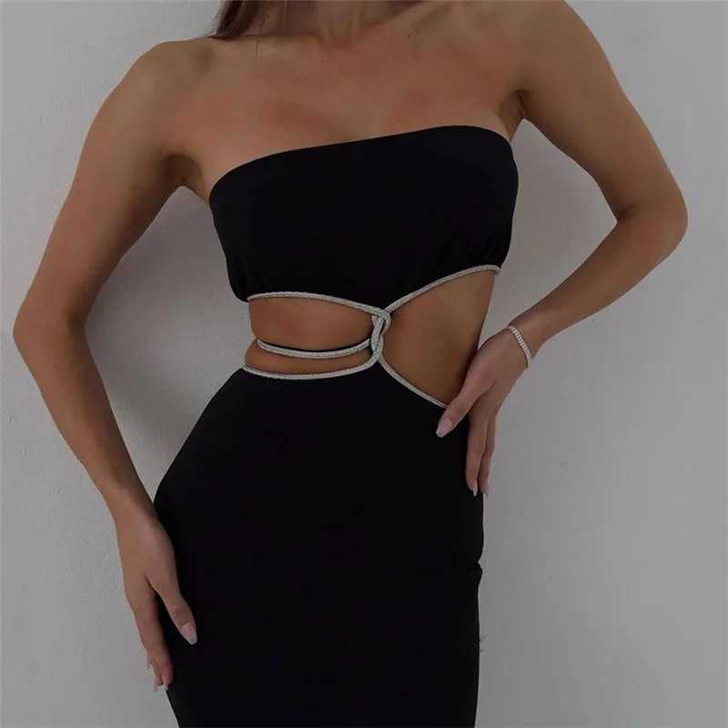 Puloru Black Off Shoulder Party Tube Top Dress Elegant Retro Sleeveless Strapless Hollow Out Backless Split Wrap Dress Vestidos XJ250610