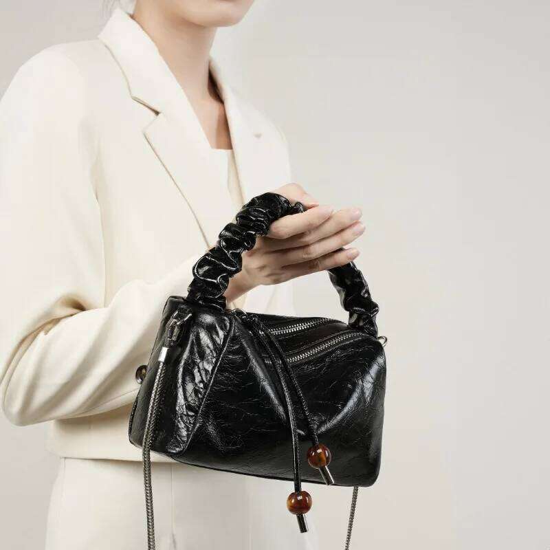 2024 New Wine Red Soft Leather Boston Bag Women Chain Strap Shoulder Handbag Fashion Girls Roomy Pocket For Items