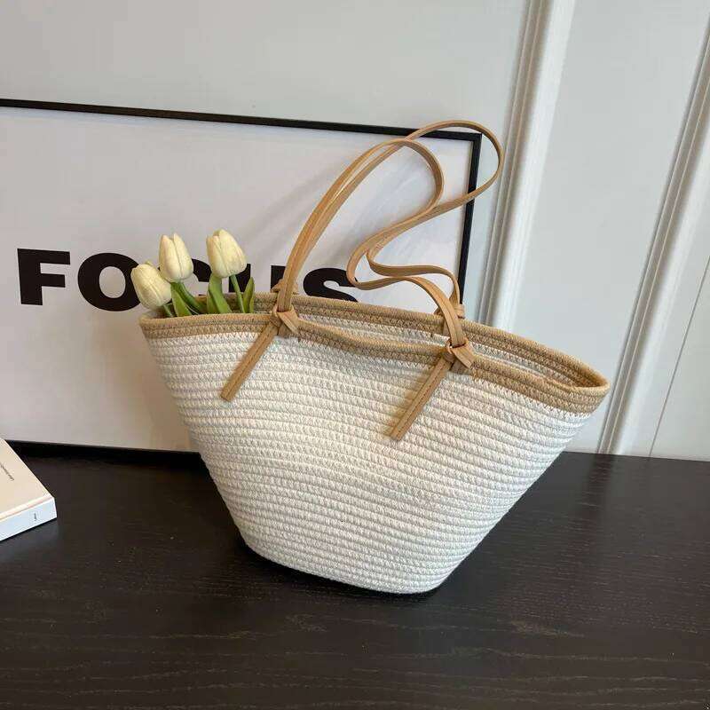 Women Beach Braided Basket Clutches Handlebag Portable Shoulder Travel Messenger Woven Bag Purses Shopper Satchel Female