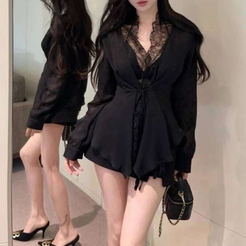 DEAT Fashion Women's Lace Patchwork Edge Sunscreen Shirt Loose Solid Color Lace-Up Long Sleeve Tops Female Trendy 11A03915