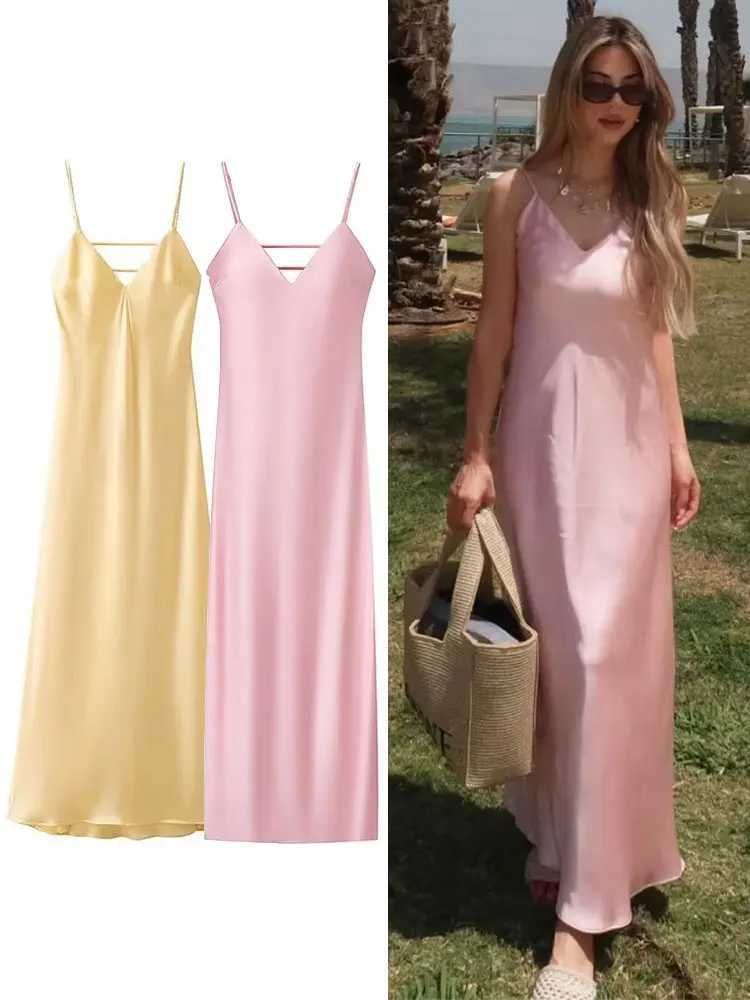 TRAFZA Pink Stain Sling Dresses Women Elegant V Neck Sleeveless Backless Slim Long Dress 2025 Summer Lady Party Holiday Dress XJ250610