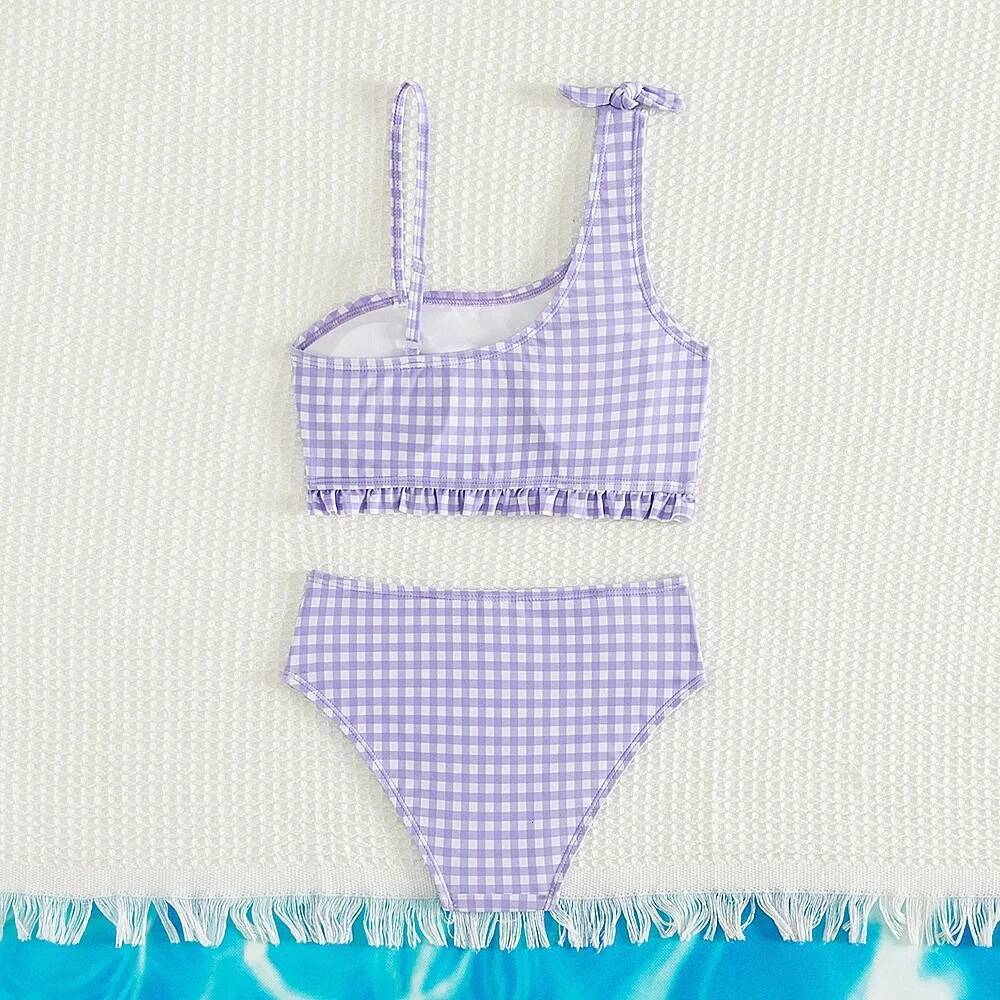 New Summer Kids Split Swimsuit for Girls Bikini Sets 5-14 Years High Waist Purple Plaid Girl Swimwear Bathing Suit