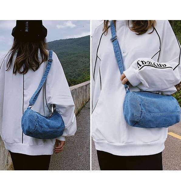 2025 New Denim Cylinder Crossbody Artistic Student Backpack Small Slouch Canvas Phone Bag